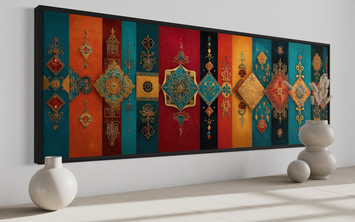 Boho Moroccan long horizontal wall art with colorful geometric patterns and ornate gold motifs.