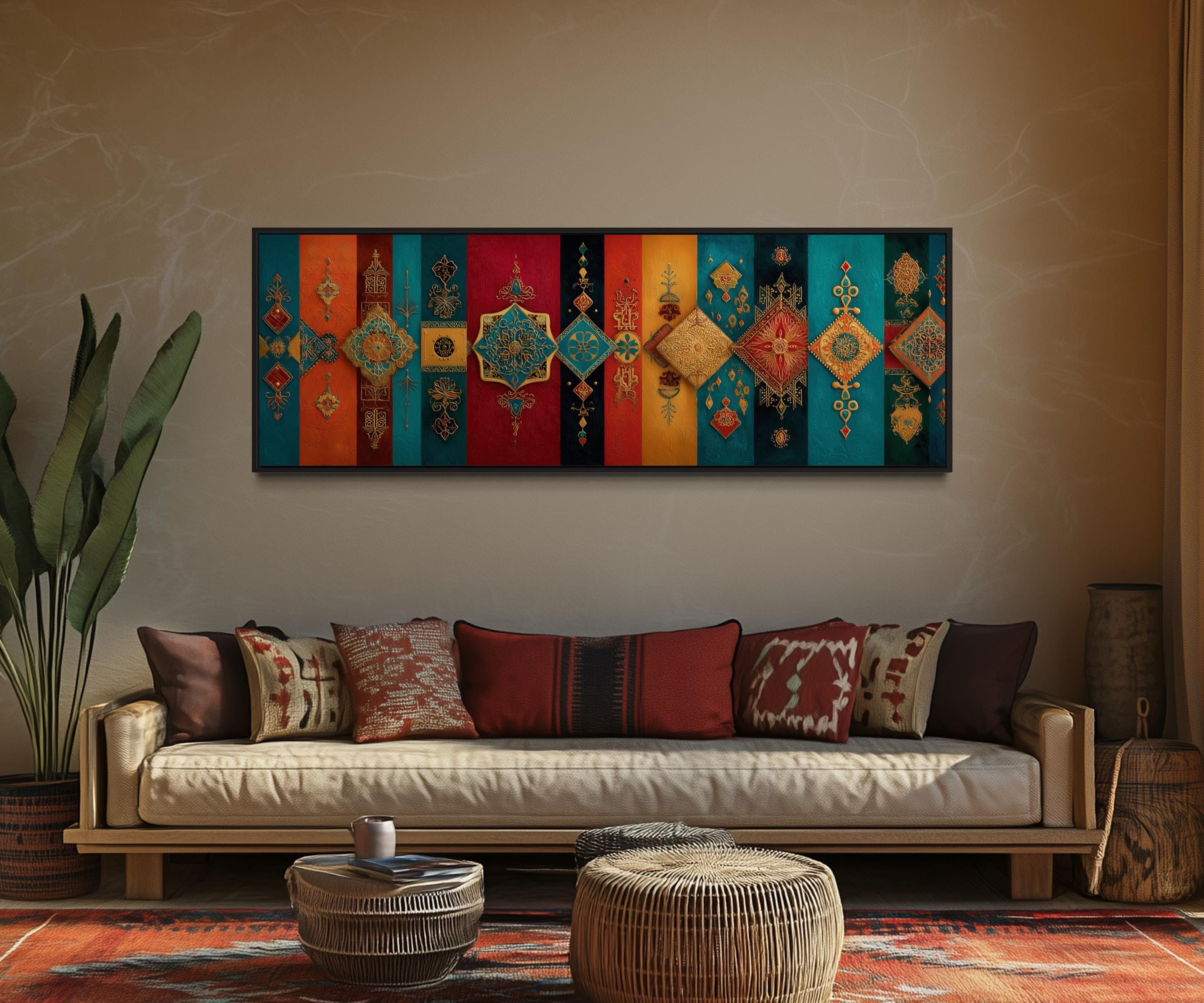 Boho Moroccan Geometric Wall Art - Colorful Horizontal Canvas