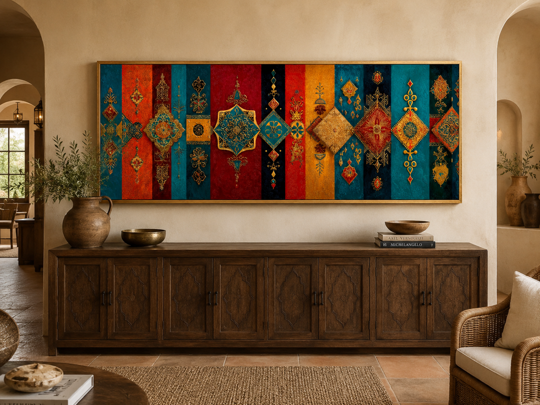 Boho Moroccan long horizontal colorful geometric wall art above a dark wood sideboard.