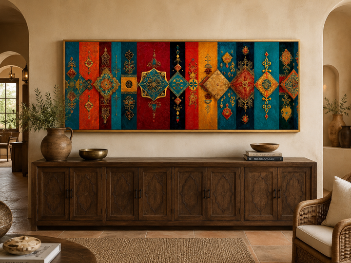Boho Moroccan long horizontal colorful geometric wall art above a dark wood sideboard.