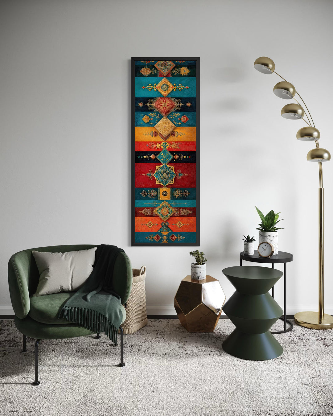 Tall vertical canvas art with teal, gold, and red geometric patterns.