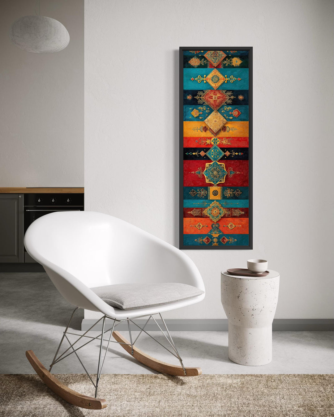 Boho Moroccan tall vertical canvas art with teal, gold, and red geometric patterns.
