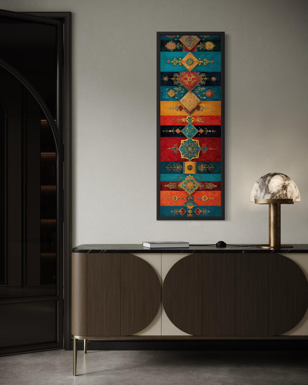 Tall vertical canvas art with teal, gold, and red geometric patterns.