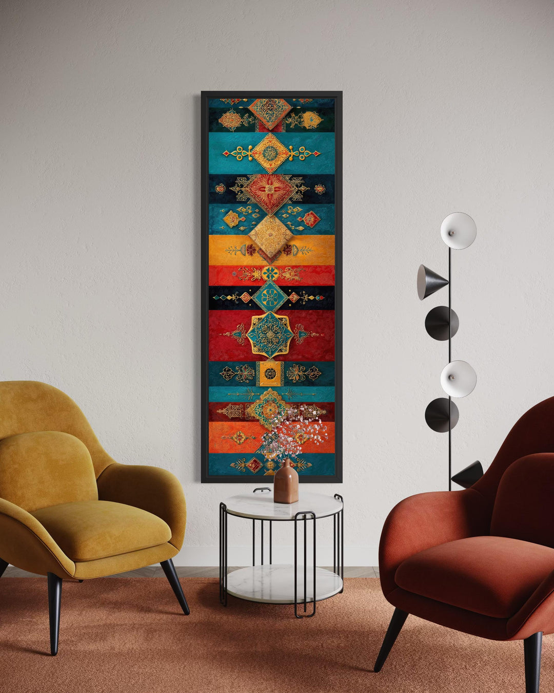 Boho Moroccan tall vertical canvas art with teal, gold, and red geometric patterns.
