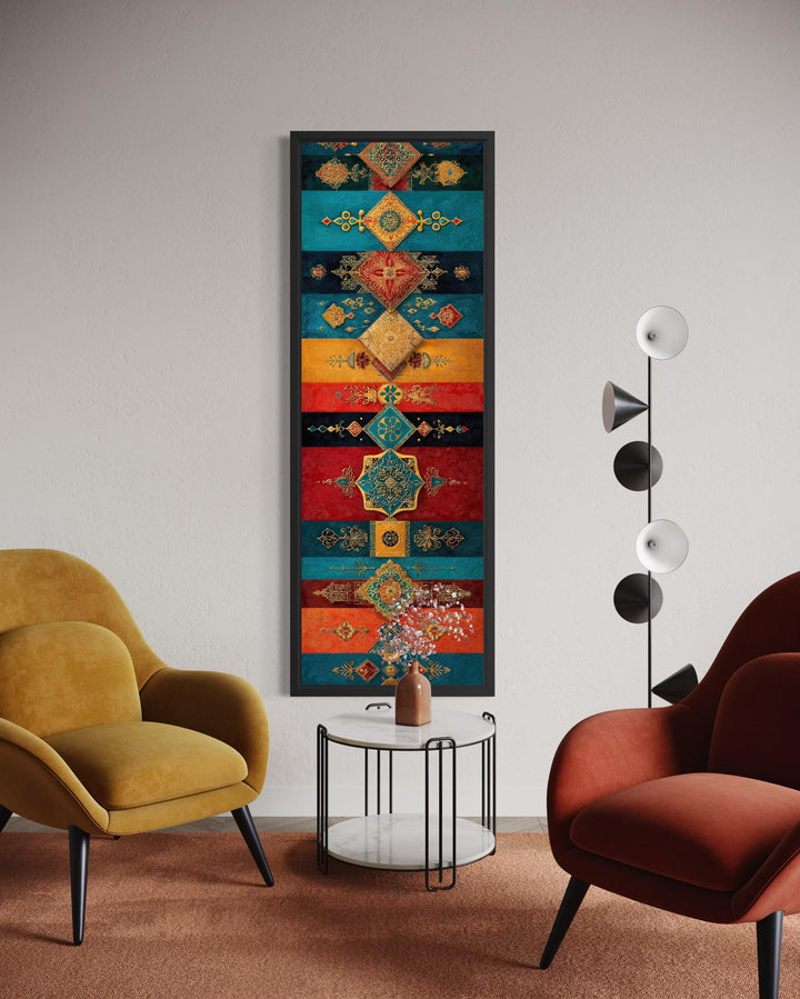 Boho Moroccan tall vertical canvas art with teal, gold, and red geometric patterns.