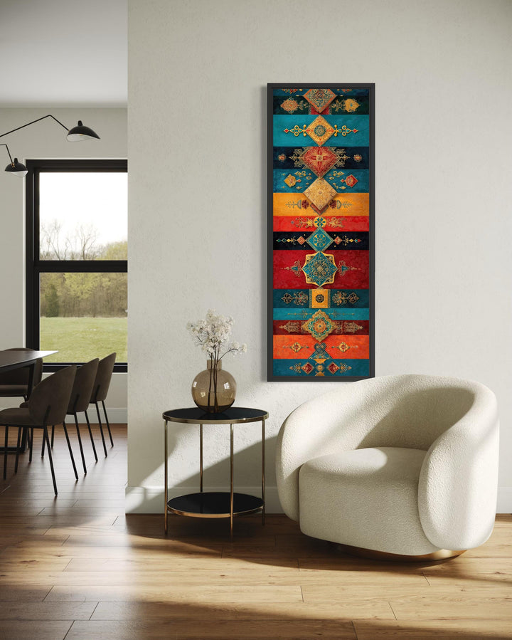 Boho Moroccan tall vertical canvas with teal, gold, and red geometric pattern.