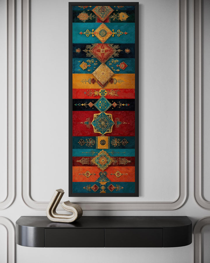 Tall vertical canvas art with teal, gold, and red geometric patterns.