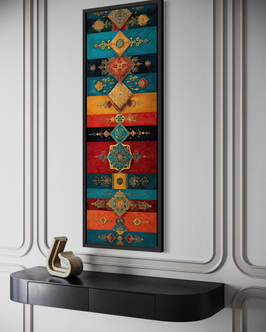 Boho Moroccan tall vertical canvas with teal, gold, and red geometric patterns.