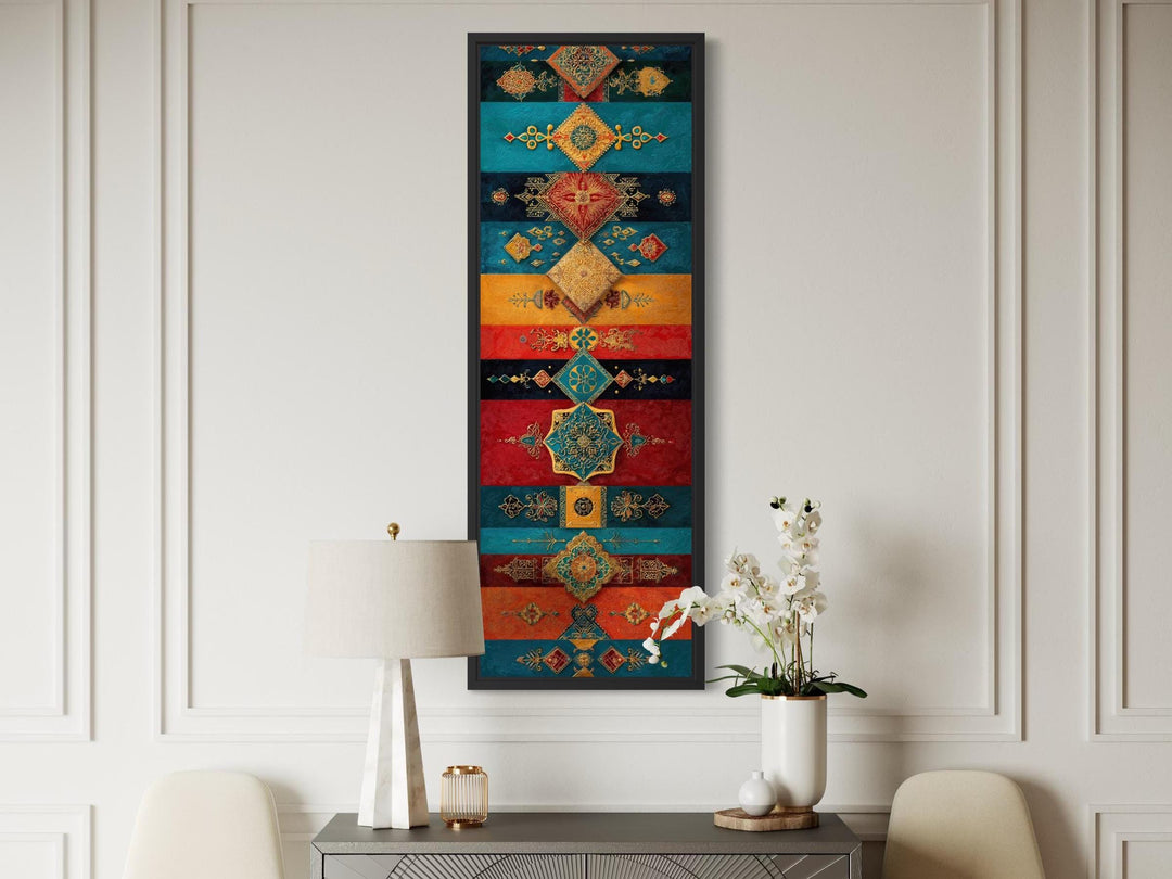 Boho Moroccan tall vertical canvas with teal, gold, and red geometric pattern.