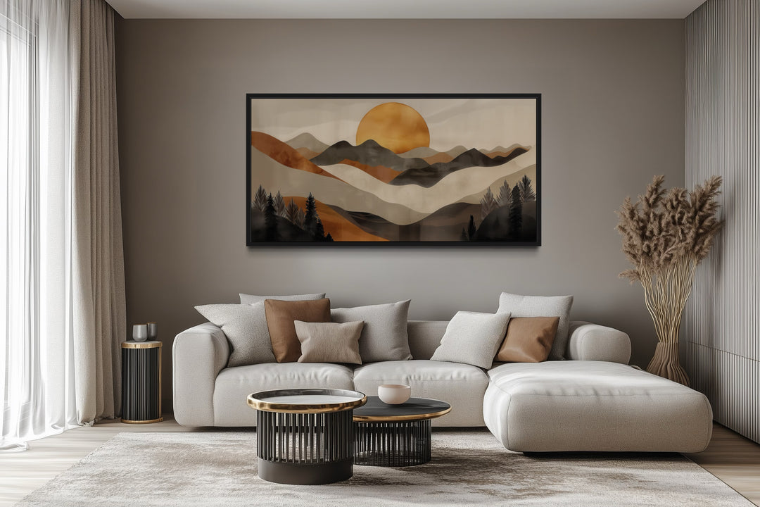 Boho Mountain And Sun Brown Beige Earth Tones Framed Canvas Wall Art