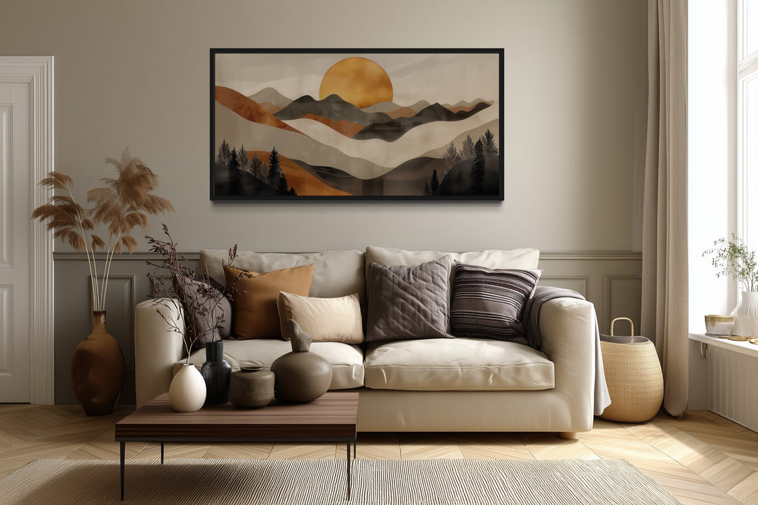 Boho Mountain And Sun Brown Beige Earth Tones Framed Canvas Wall Art