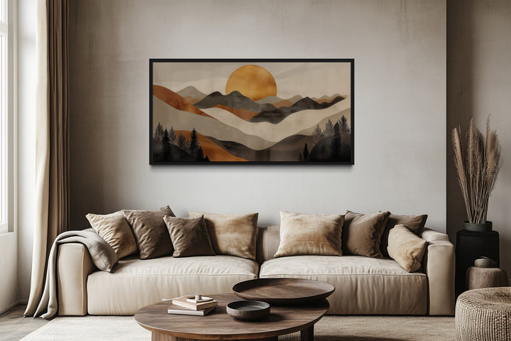 Boho Mountain And Sun Brown Beige Earth Tones Framed Canvas Wall Art