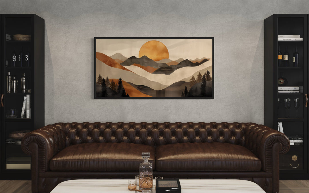 Boho Mountain And Sun Brown Beige Earth Tones Framed Canvas Wall Art