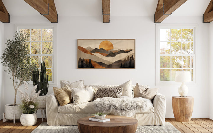 Boho Mountain And Sun Brown Beige Earth Tones Framed Canvas Wall Art