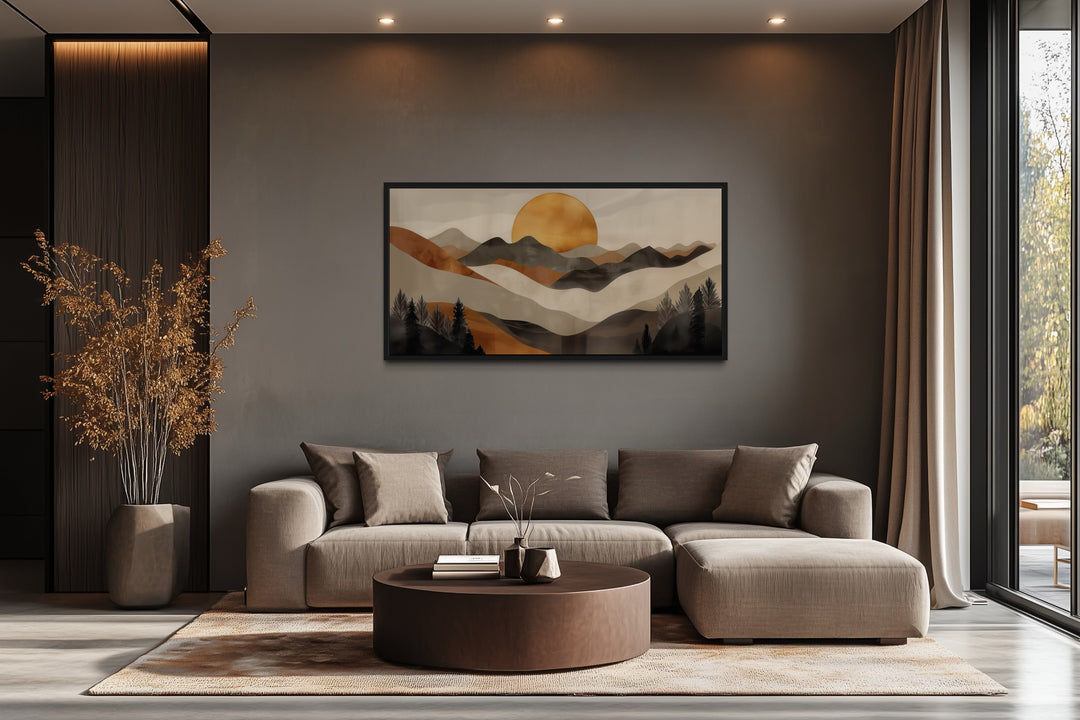 Boho Mountain And Sun Brown Beige Earth Tones Framed Canvas Wall Art