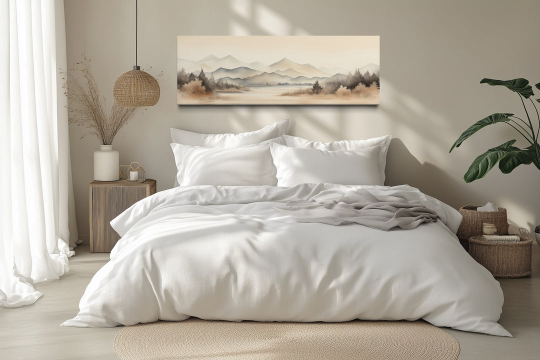 Boho Neutral Mountain Landscape Horizontal Above Bed Wall Art