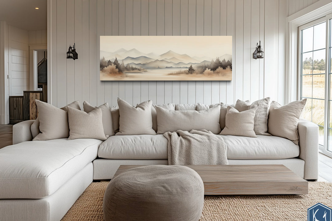 Boho Neutral Mountain Landscape Horizontal Above Bed Wall Art