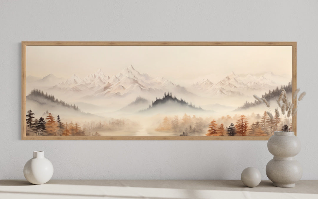 Boho Neutral Mountain Landscape Horizontal Above Bed Wall Art