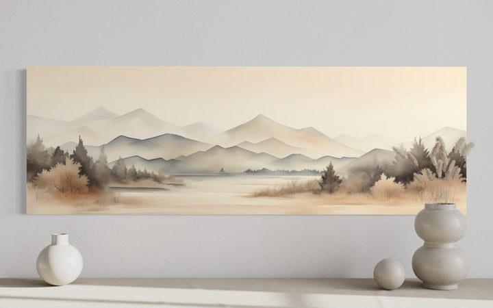 Boho Neutral Mountain Landscape Horizontal Above Bed Wall Art