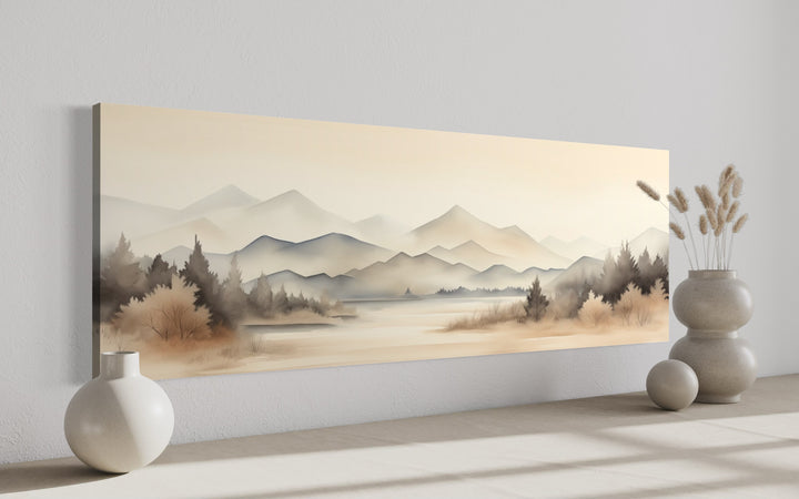 Boho Neutral Mountain Landscape Horizontal Above Bed Wall Art