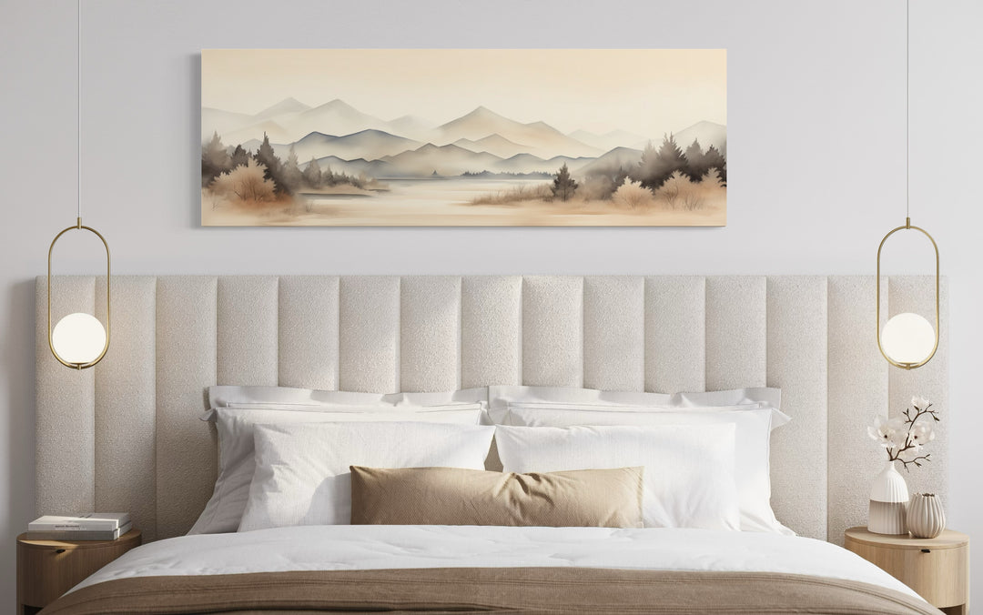 Boho Neutral Mountain Landscape Horizontal Above Bed Wall Art