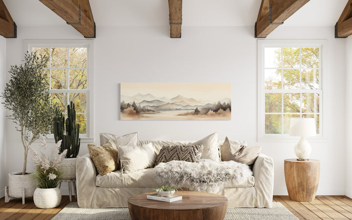 Boho Neutral Mountain Landscape Horizontal Above Bed Wall Art