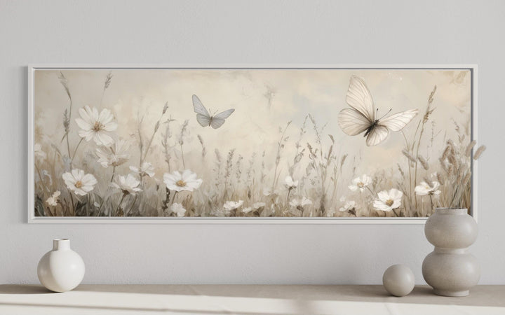 Boho Neutral Wildflowers And Butterflies Long Horizontal Canvas Wall Art