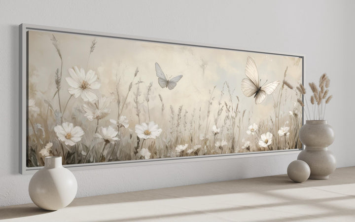 Boho Neutral Wildflowers And Butterflies Long Horizontal Canvas Wall Art