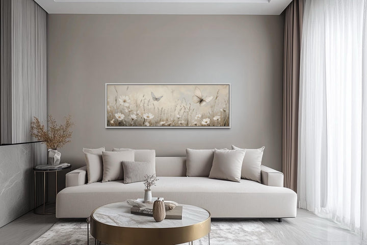 Boho Neutral Wildflowers And Butterflies Long Horizontal Canvas Wall Art