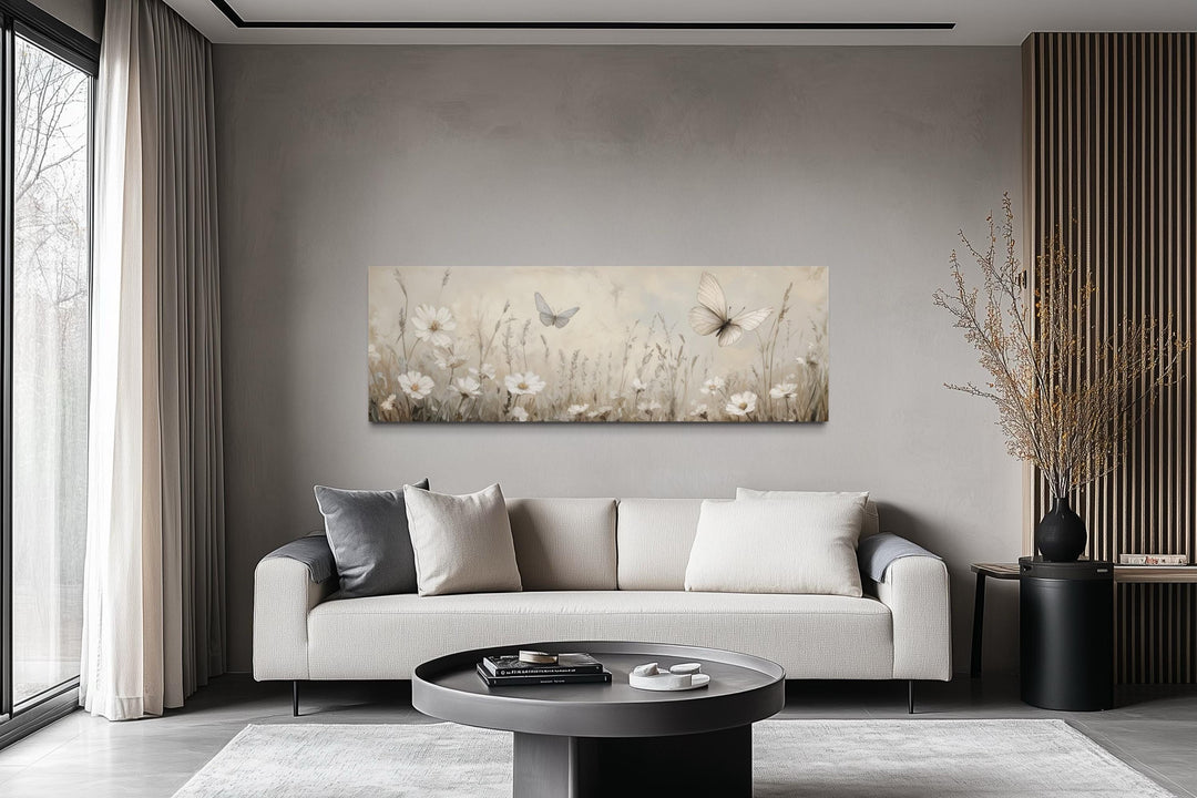 Boho Neutral Wildflowers And Butterflies Long Horizontal Canvas Wall Art