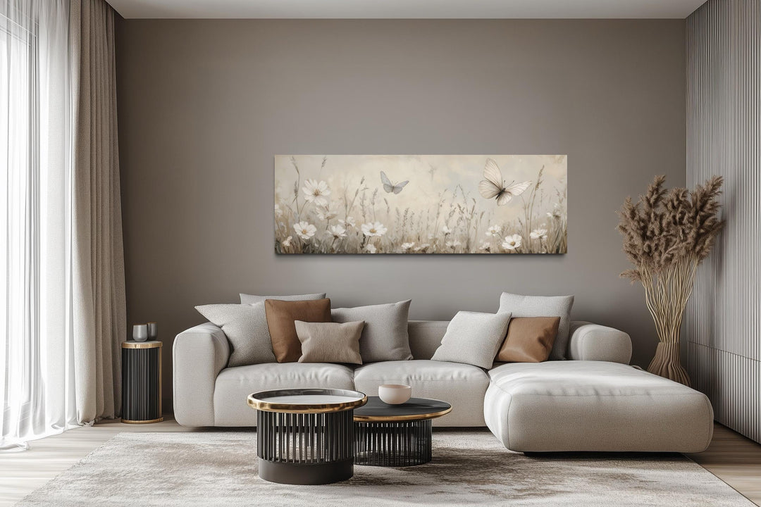 Boho Neutral Wildflowers And Butterflies Long Horizontal Canvas Wall Art