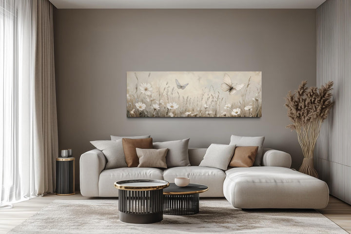 Boho Neutral Wildflowers And Butterflies Long Horizontal Canvas Wall Art