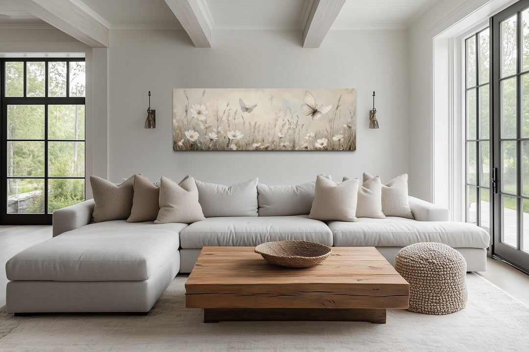 Boho Neutral Wildflowers And Butterflies Long Horizontal Canvas Wall Art