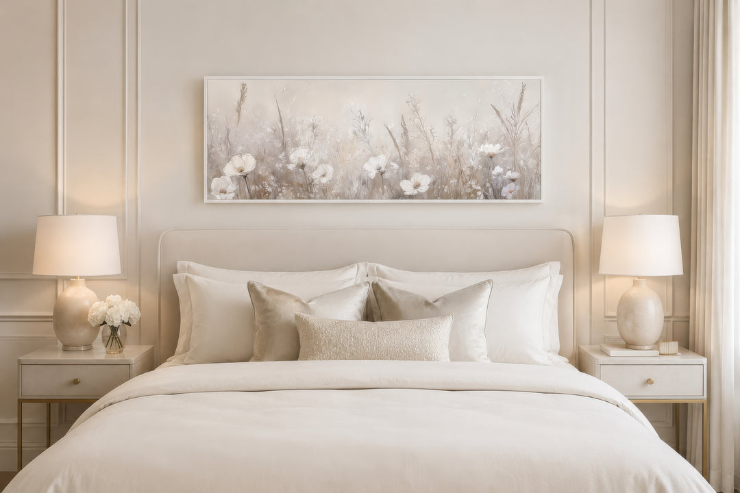 Horizontal wall art featuring neutral wildflowers in a field above a bed in a farmhouse bedroom.