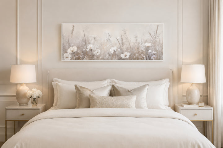 Horizontal wall art featuring neutral wildflowers in a field above a bed in a farmhouse bedroom.