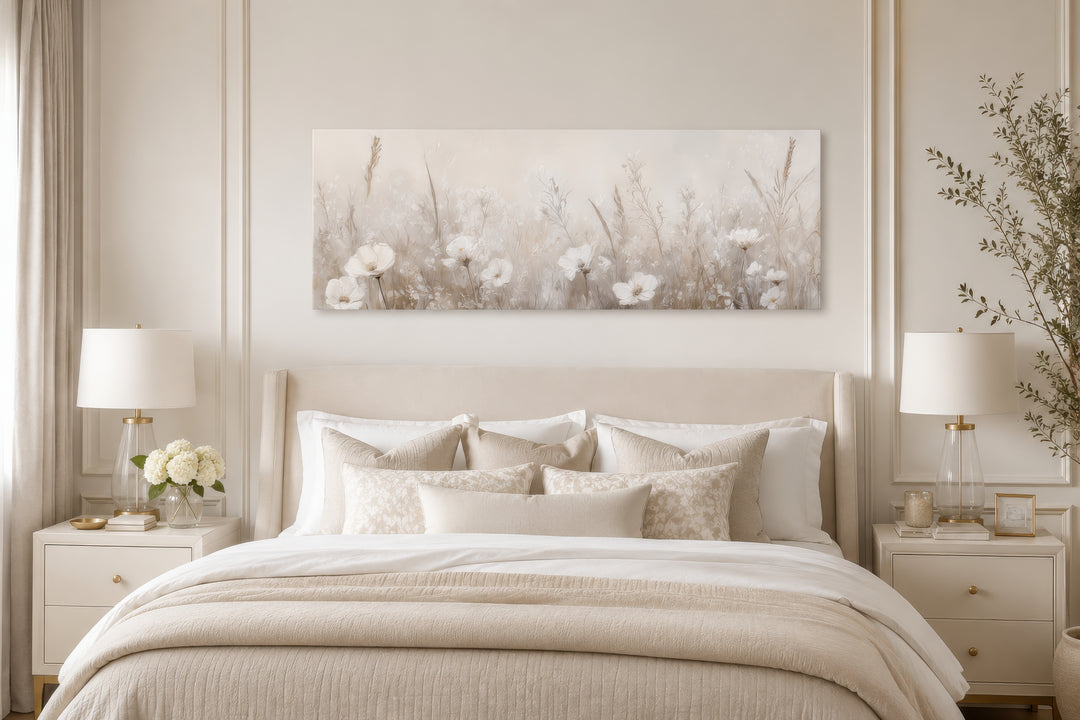Horizontal canvas wall art of neutral wildflowers in a field hanging above a farmhouse style bed.