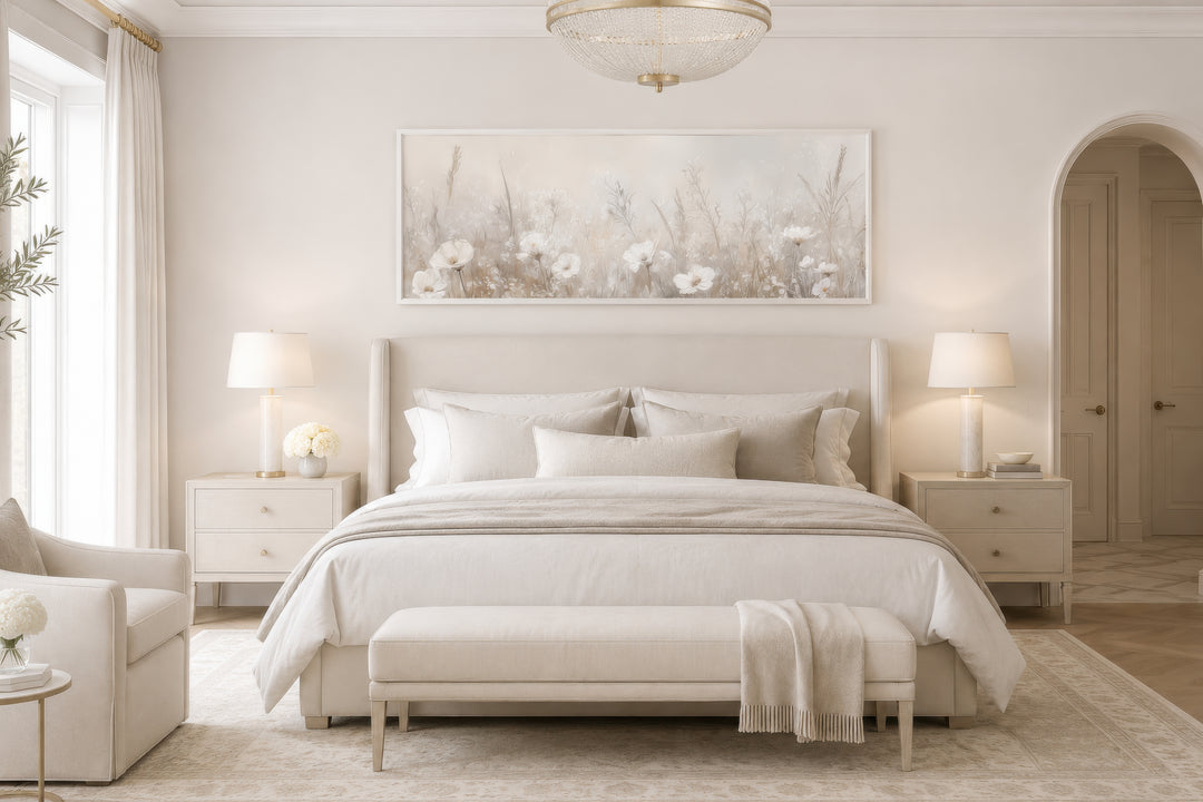 Horizontal boho wall art featuring a neutral wildflower field displayed above a bed.