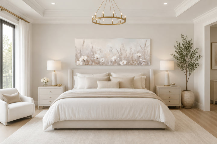 Horizontal wall art featuring a neutral wildflower field displayed above a bed in a serene bedroom.