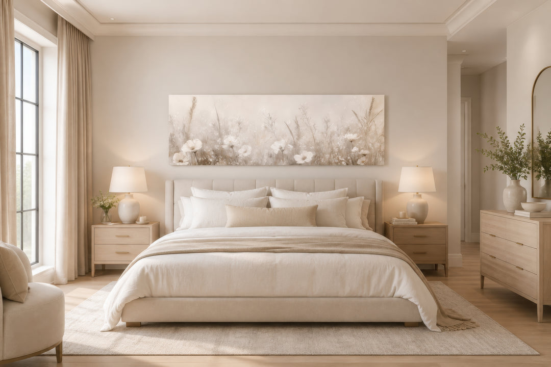 Long horizontal canvas art featuring a neutral wildflower field above a bed in a farmhouse bedroom.
