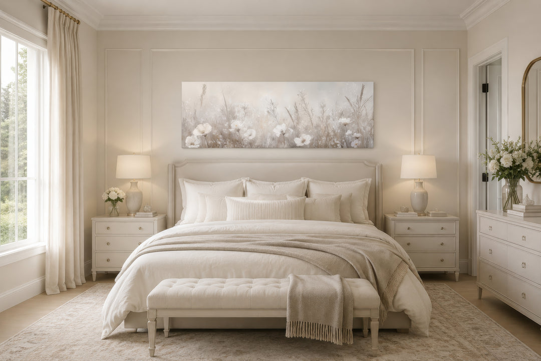 A long horizontal canvas of neutral wildflowers hangs above a bed in a serene farmhouse bedroom.