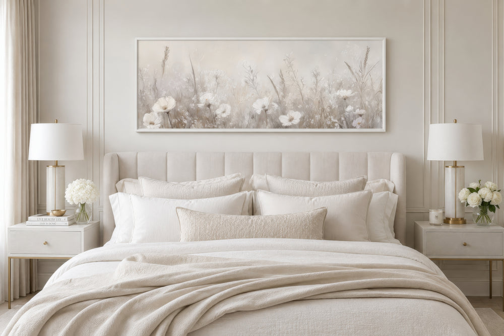 Horizontal wall art of a neutral wildflower field in a white frame above a beige upholstered bed.