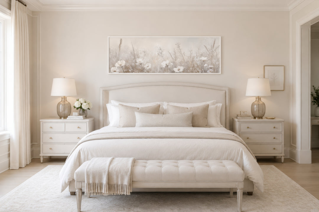 Horizontal wall art of a neutral wildflower field hanging above a bed in a farmhouse bedroom.