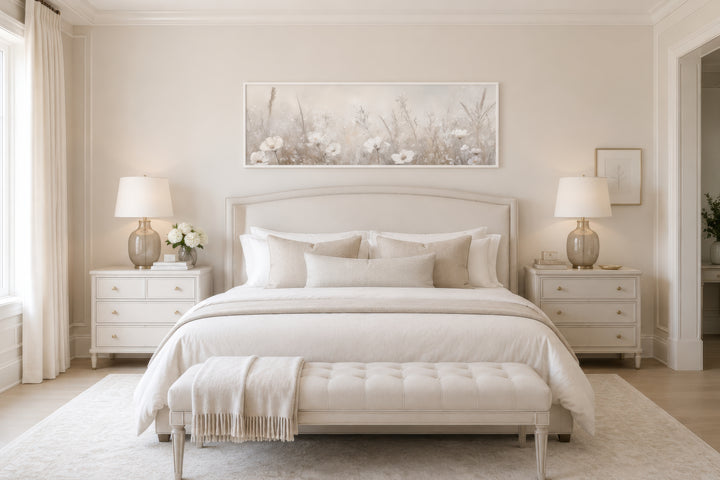 Horizontal wall art of a neutral wildflower field hanging above a bed in a farmhouse bedroom.