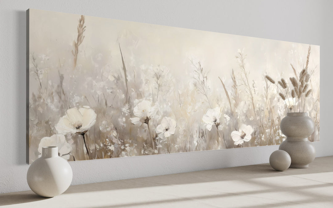Horizontal canvas wall art featuring neutral-toned wildflowers in a soft, painterly style.
