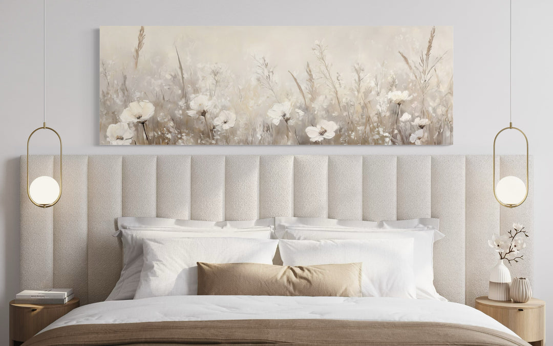 Boho neutral wildflower field canvas art displayed above a bed in a modern farmhouse bedroom.