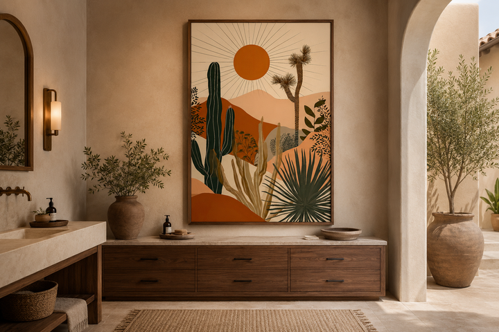 Boho saguaro cactus and sun desert landscape framed canvas wall art in a neutral bathroom setting.