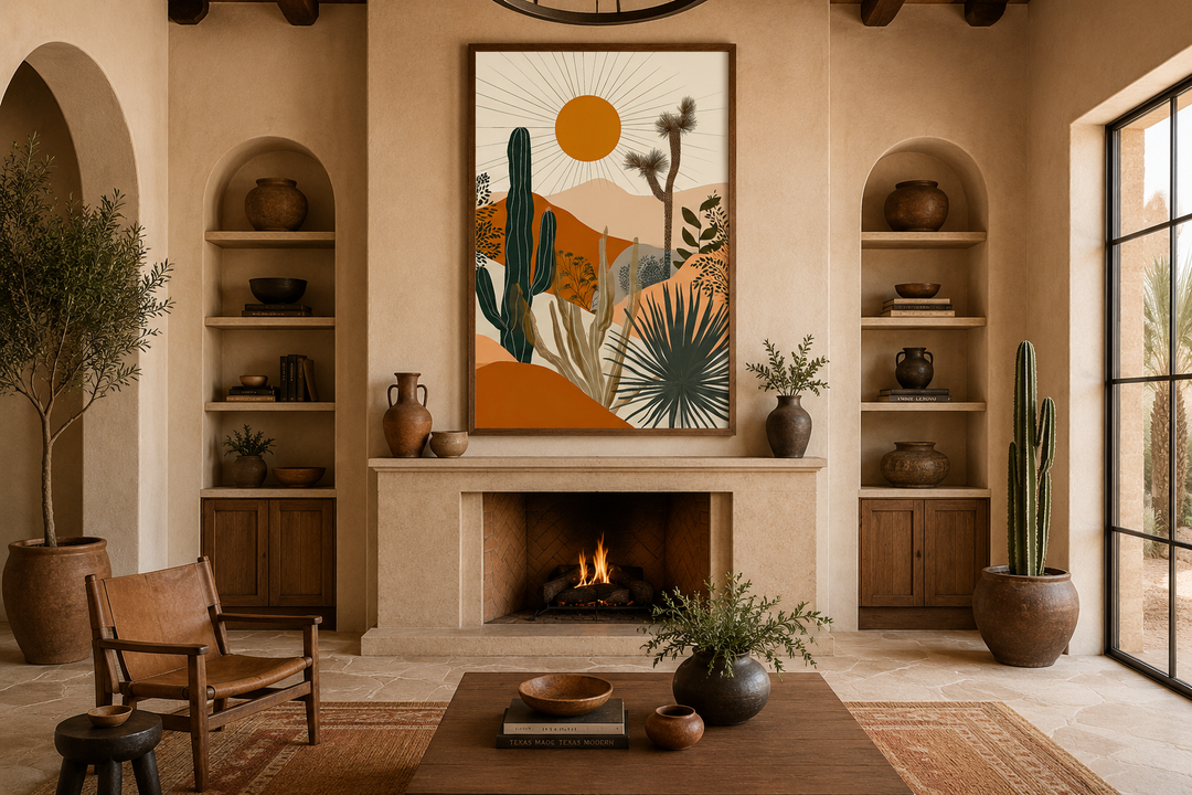 Boho saguaro cactus and sun in the desert framed canvas wall art above a fireplace.