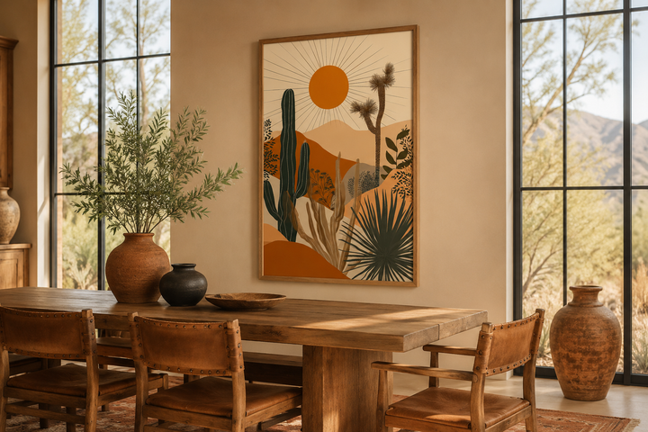 Boho saguaro cactus and sun desert landscape framed canvas wall art in a rustic dining room.