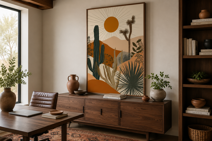 Boho saguaro cactus and sun desert landscape framed canvas wall art in a modern office setting.