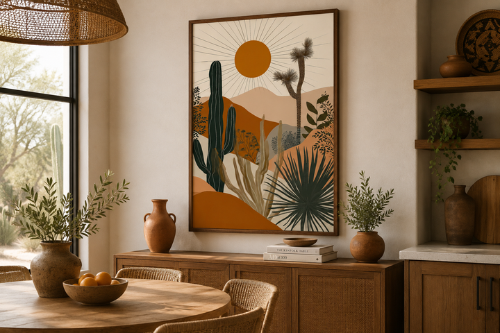 Boho saguaro cactus and sun desert landscape framed canvas wall art in a warm, earthy dining room.